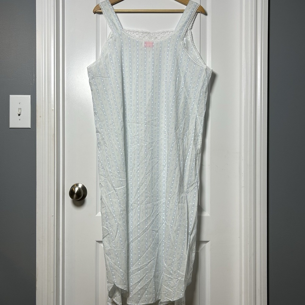 Carriage Court Vintage Sheer Floral Stripe Lace Trim Bow Nightgown Nap Dress - Picture 2 of 2